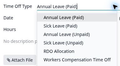 Open Time Off Type dropdown showing the six leave types listed below.